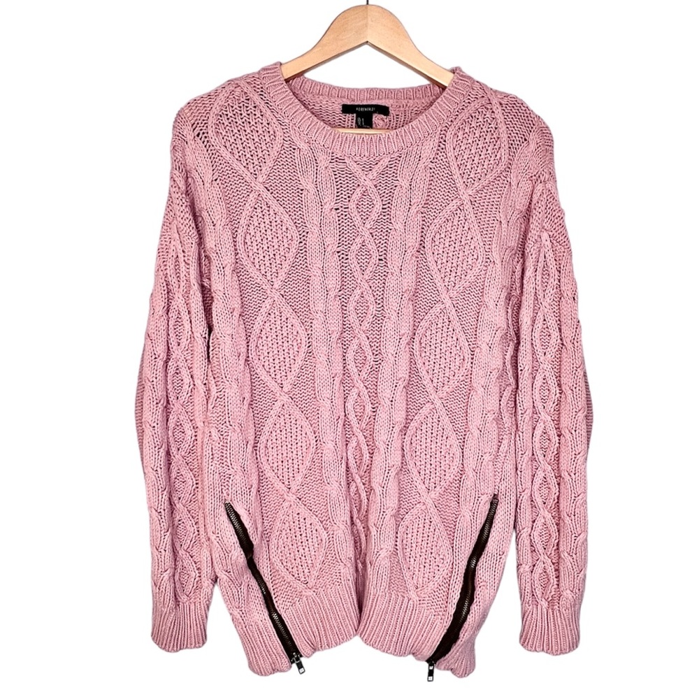Forever 21 Cable Knit Tunic Sweater Sz L Adjustable  Side Zippers Pink Mauve